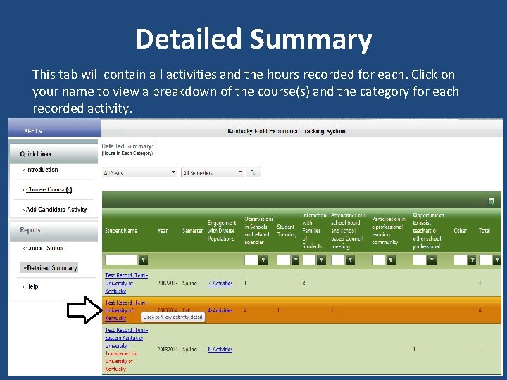 Detailed Summary This tab will contain all activities and the hours recorded for each.