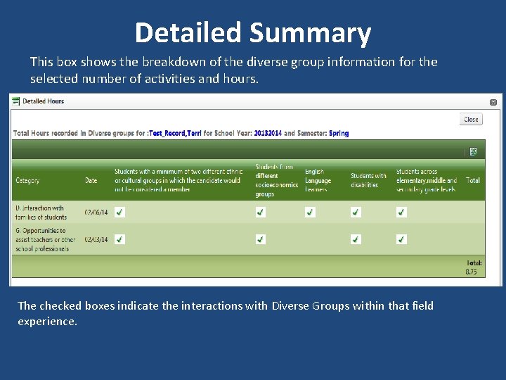 Detailed Summary This box shows the breakdown of the diverse group information for the