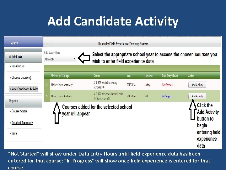 Add Candidate Activity “Not Started” will show under Data Entry Hours until field experience