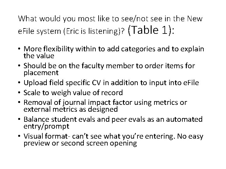 What would you most like to see/not see in the New e. File system What would you most like to see/not see in the New e. File system