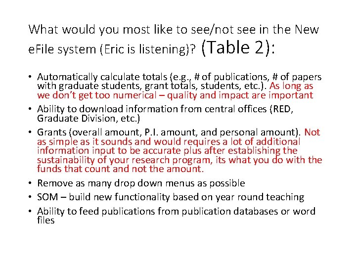 What would you most like to see/not see in the New e. File system What would you most like to see/not see in the New e. File system