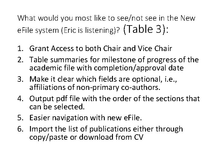 What would you most like to see/not see in the New e. File system What would you most like to see/not see in the New e. File system