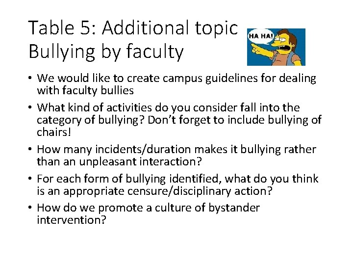 Table 5: Additional topic Bullying by faculty • We would like to create campus Table 5: Additional topic Bullying by faculty • We would like to create campus