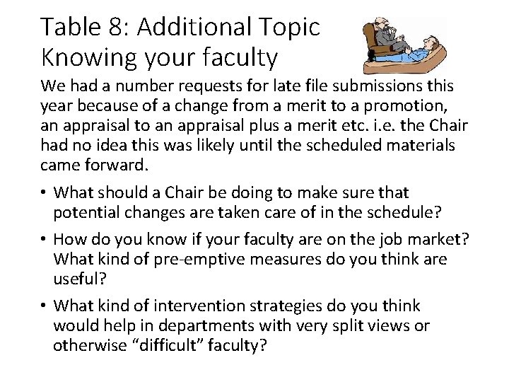 Table 8: Additional Topic Knowing your faculty We had a number requests for late Table 8: Additional Topic Knowing your faculty We had a number requests for late