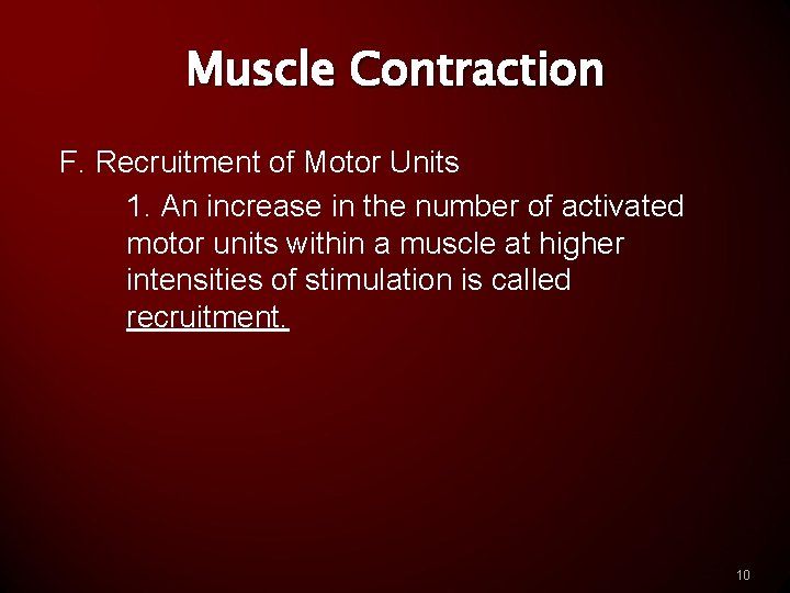 Muscle Contraction F. Recruitment of Motor Units 1. An increase in the number of