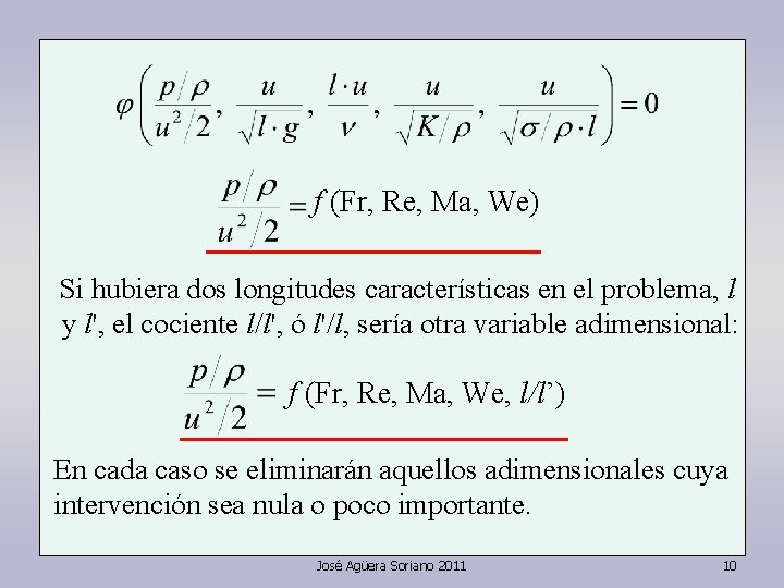f (Fr, Re, Ma, We) Si hubiera dos longitudes características en el problema, l f (Fr, Re, Ma, We) Si hubiera dos longitudes características en el problema, l