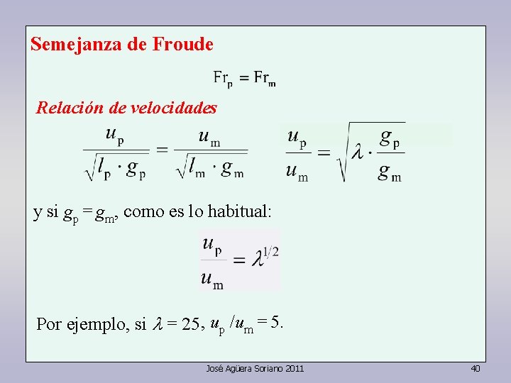 Semejanza de Froude Relación de velocidades y si gp = gm, como es lo Semejanza de Froude Relación de velocidades y si gp = gm, como es lo