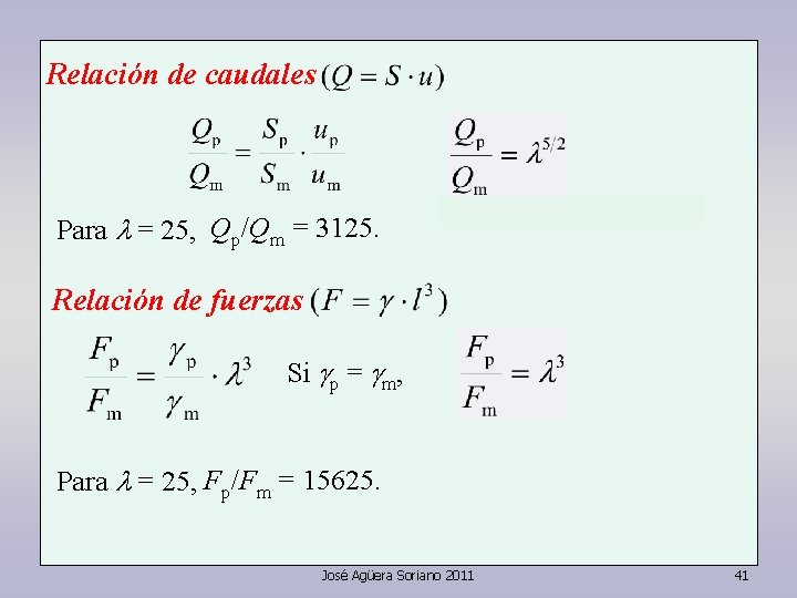 Relación de caudales Para l = 25, Qp/Qm = 3125. Relación de fuerzas Si Relación de caudales Para l = 25, Qp/Qm = 3125. Relación de fuerzas Si
