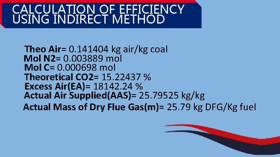 CALCULATION OF EFFICIENCY USING INDIRECT METHOD Theo Air= 0. 141404 kg air/kg coal Mol