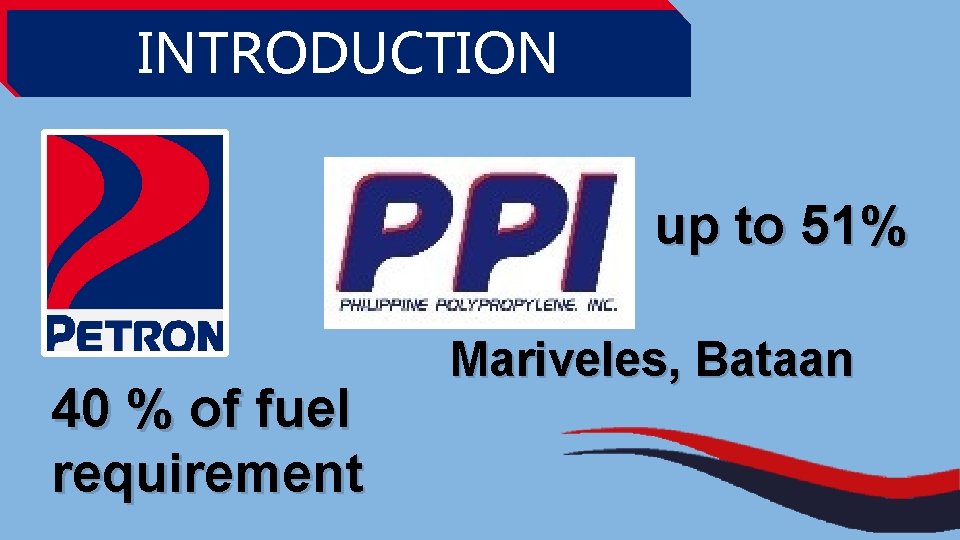INTRODUCTION up to 51% 40 % of fuel requirement Mariveles, Bataan 