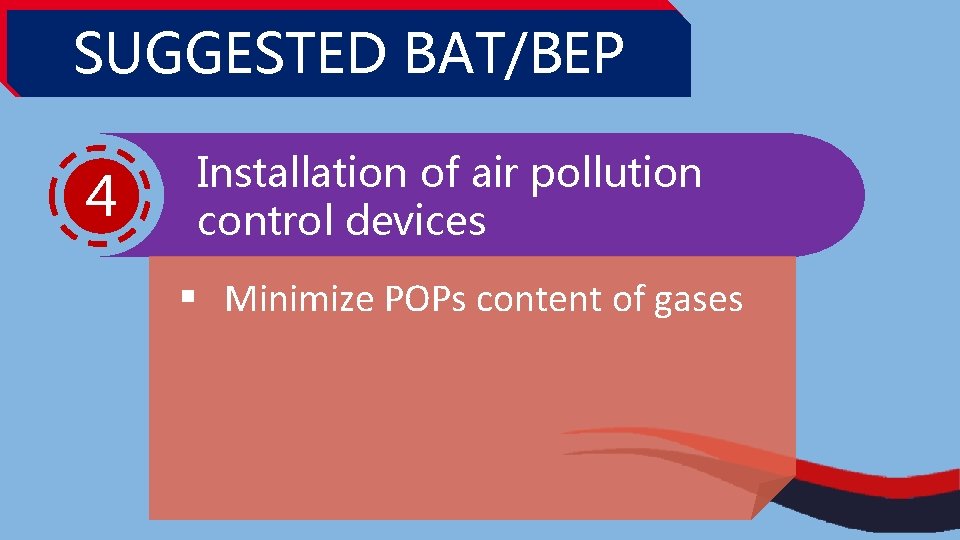SUGGESTED BAT/BEP 4 Installation of air pollution control devices § Minimize POPs content of