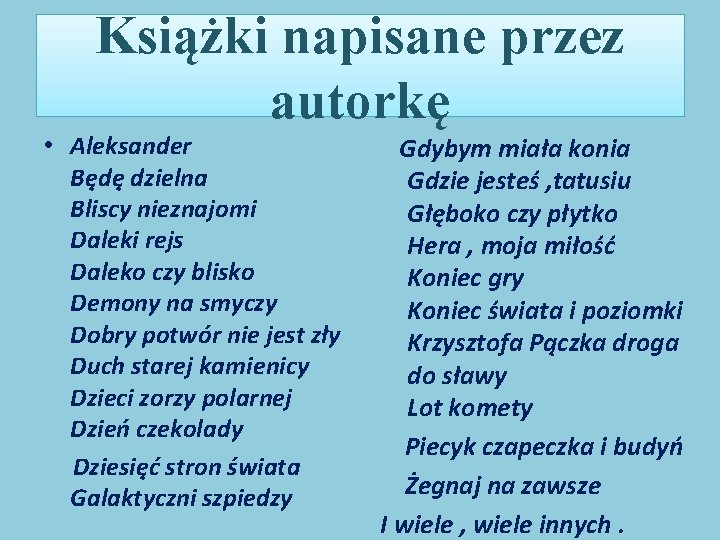 Książki napisane przez autorkę • Aleksander Będę dzielna Bliscy nieznajomi Daleki rejs Daleko czy