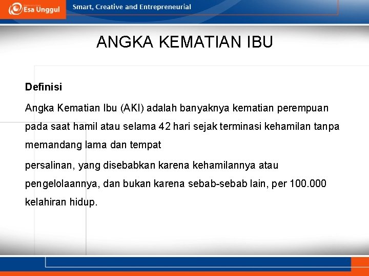 ANGKA KEMATIAN IBU Definisi Angka Kematian Ibu (AKI) adalah banyaknya kematian perempuan pada saat