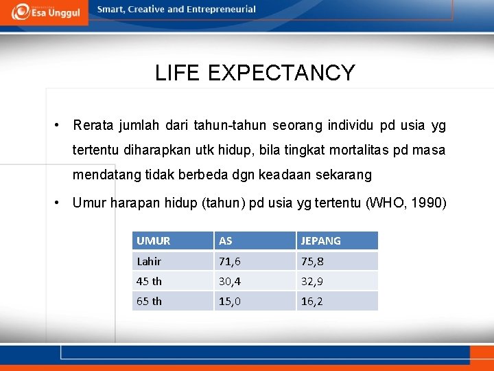 LIFE EXPECTANCY • Rerata jumlah dari tahun-tahun seorang individu pd usia yg tertentu diharapkan