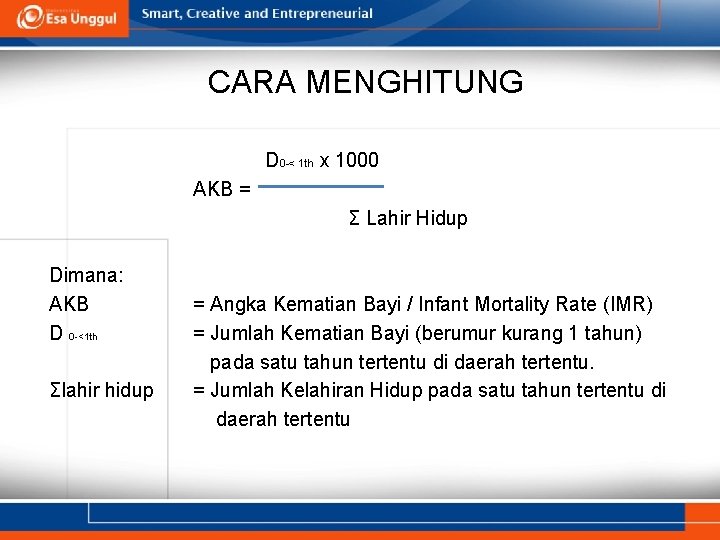 CARA MENGHITUNG D 0 -< 1 th x 1000 AKB = Σ Lahir Hidup
