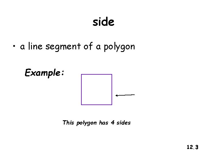 side • a line segment of a polygon Example: This polygon has 4 sides