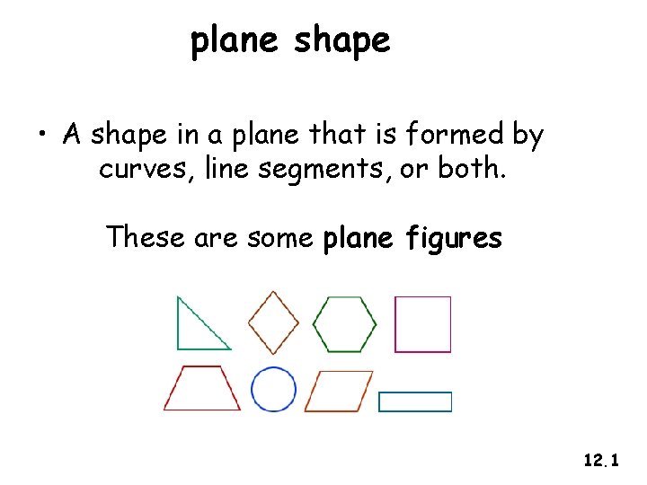 plane shape • A shape in a plane that is formed by curves, line