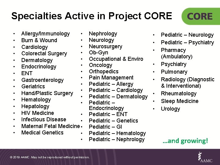 Specialties Active in Project CORE • • • • Allergy/Immunology • • Burn &