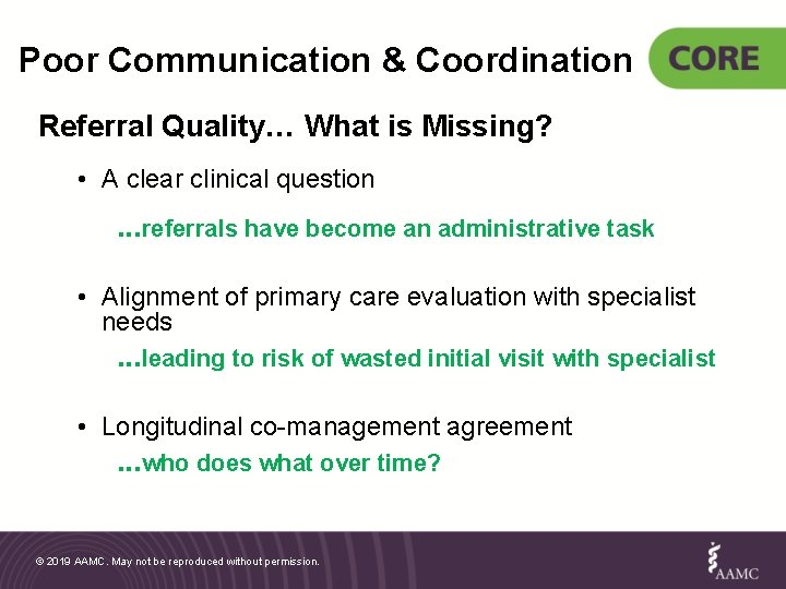 Poor Communication & Coordination Referral Quality… What is Missing? • A clear clinical question