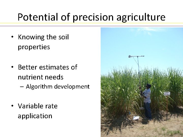 Potential of precision agriculture • Knowing the soil properties • Better estimates of nutrient