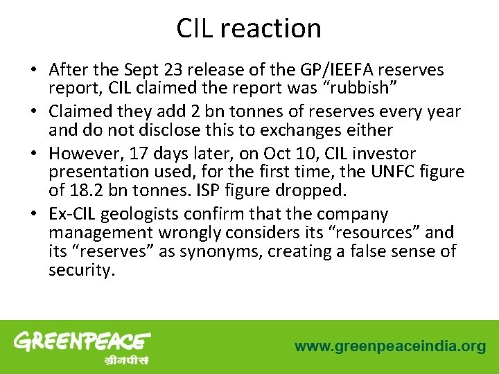 CIL reaction • After the Sept 23 release of the GP/IEEFA reserves report, CIL