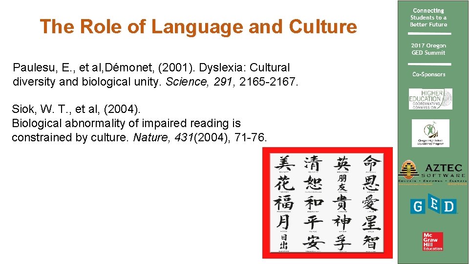The Role of Language and Culture Paulesu, E. , et al, Démonet, (2001). Dyslexia: