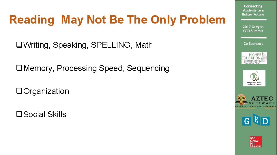 Reading May Not Be The Only Problem q. Writing, Speaking, SPELLING, Math q. Memory,