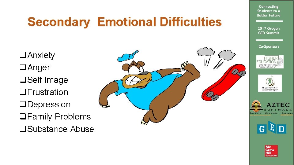 Secondary Emotional Difficulties q. Anxiety q. Anger q. Self Image q. Frustration q. Depression