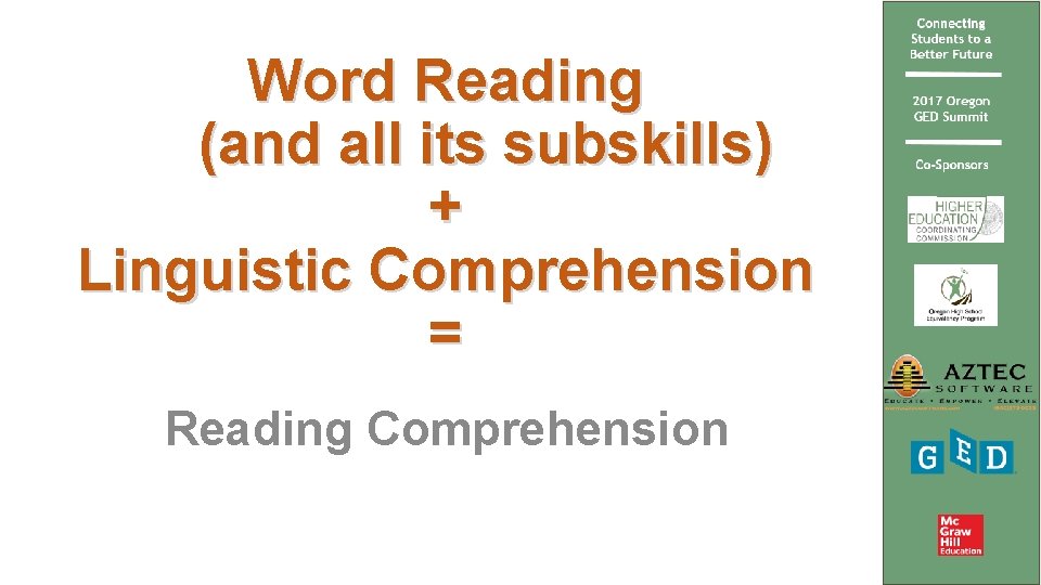Word Reading (and all its subskills) + Linguistic Comprehension = Reading Comprehension 
