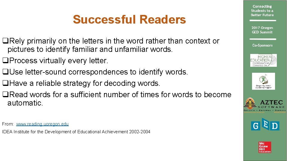 Successful Readers q. Rely primarily on the letters in the word rather than context