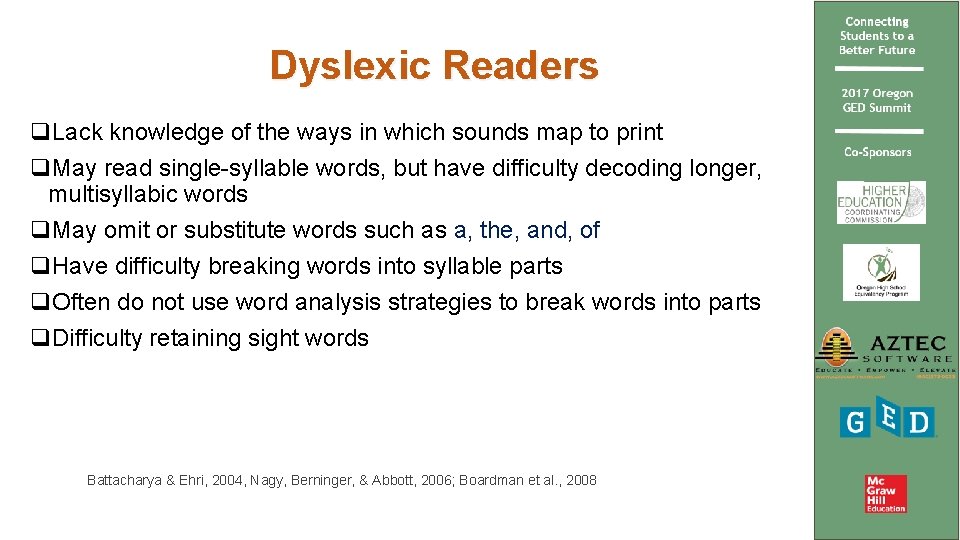 Dyslexic Readers q. Lack knowledge of the ways in which sounds map to print