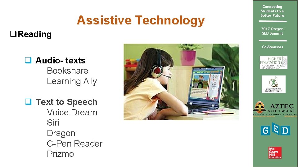 Assistive Technology q. Reading q Audio- texts Bookshare Learning Ally q Text to Speech
