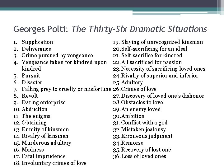 Georges Polti: The Thirty-Six Dramatic Situations 19. Slaying of unrecognized kinsman Supplication 20. Self-sacrificing