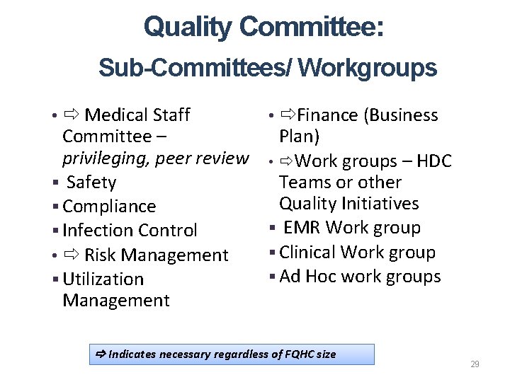 Quality Committee: Sub-Committees/ Workgroups • Medical Staff • Finance (Business Committee – Plan) privileging,