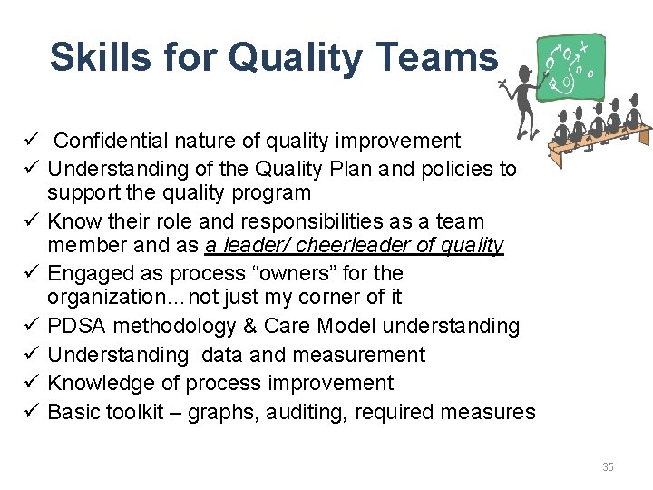 Skills for Quality Teams ü Confidential nature of quality improvement ü Understanding of the