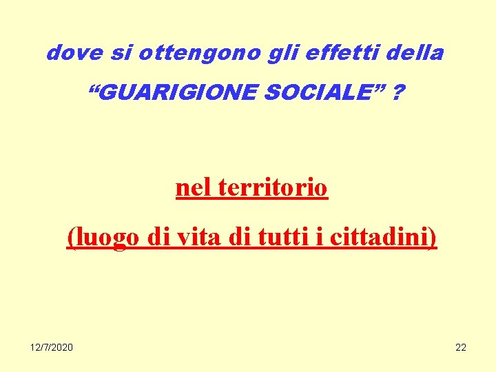 dove si ottengono gli effetti della “GUARIGIONE SOCIALE” ? nel territorio (luogo di vita