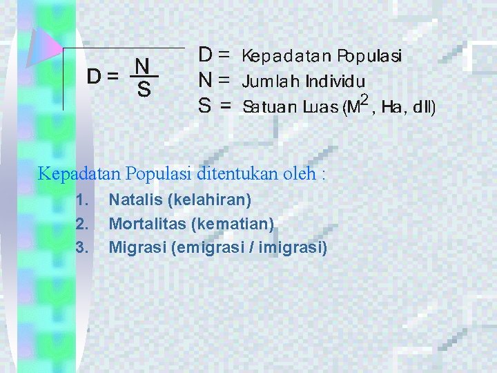 Kepadatan Populasi ditentukan oleh : 1. 2. 3. Natalis (kelahiran) Mortalitas (kematian) Migrasi (emigrasi
