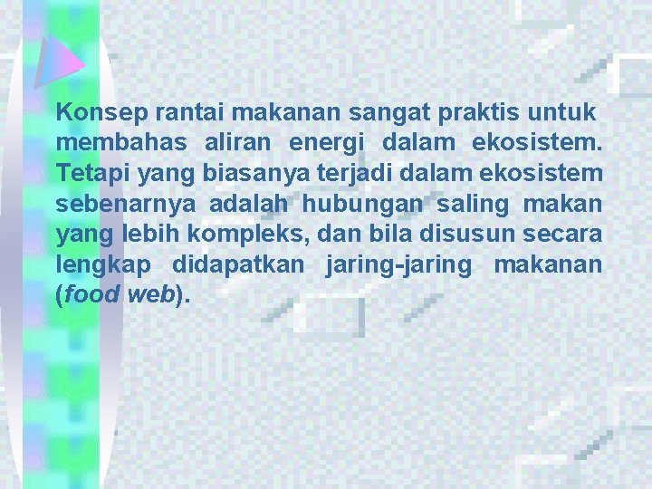 Konsep rantai makanan sangat praktis untuk membahas aliran energi dalam ekosistem. Tetapi yang biasanya