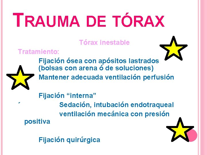 TRAUMA DE TÓRAX Tórax inestable Tratamiento: Fijación ósea con apósitos lastrados (bolsas con arena