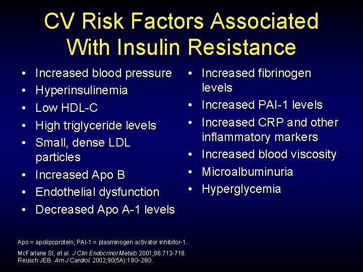 CV Risk Factors Associated With Insulin Resistance • • • Increased blood pressure Hyperinsulinemia