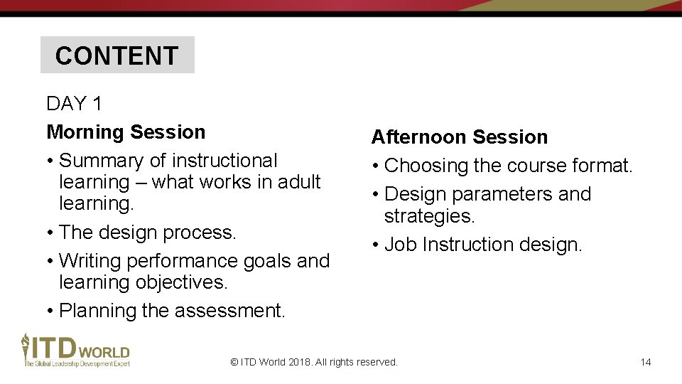 CONTENT DAY 1 Morning Session • Summary of instructional learning – what works in