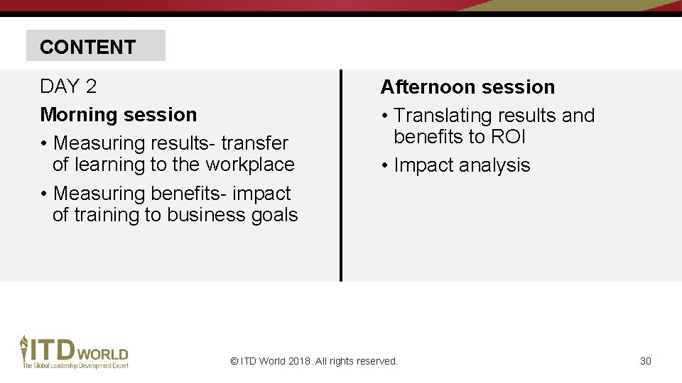 CONTENT DAY 2 Morning session • Measuring results- transfer of learning to the workplace