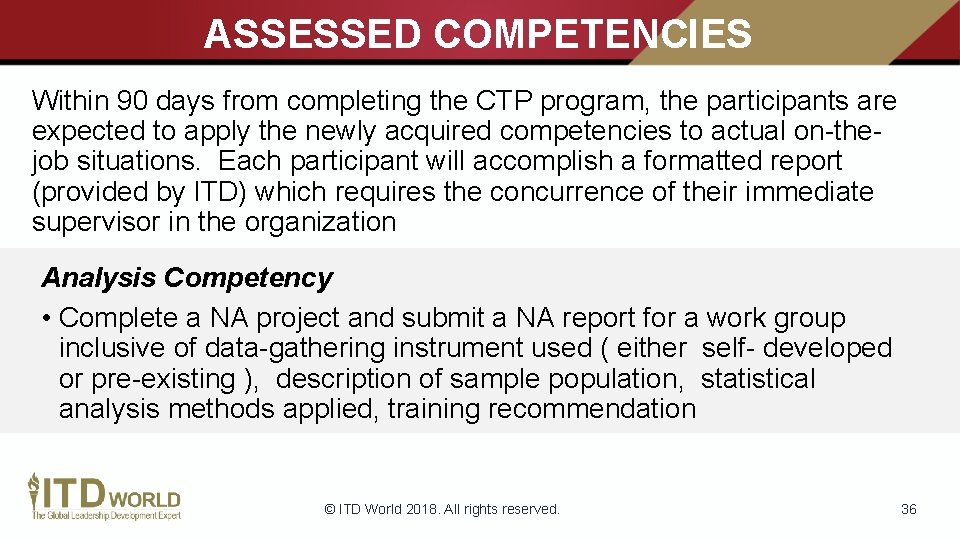 ASSESSED COMPETENCIES Within 90 days from completing the CTP program, the participants are expected