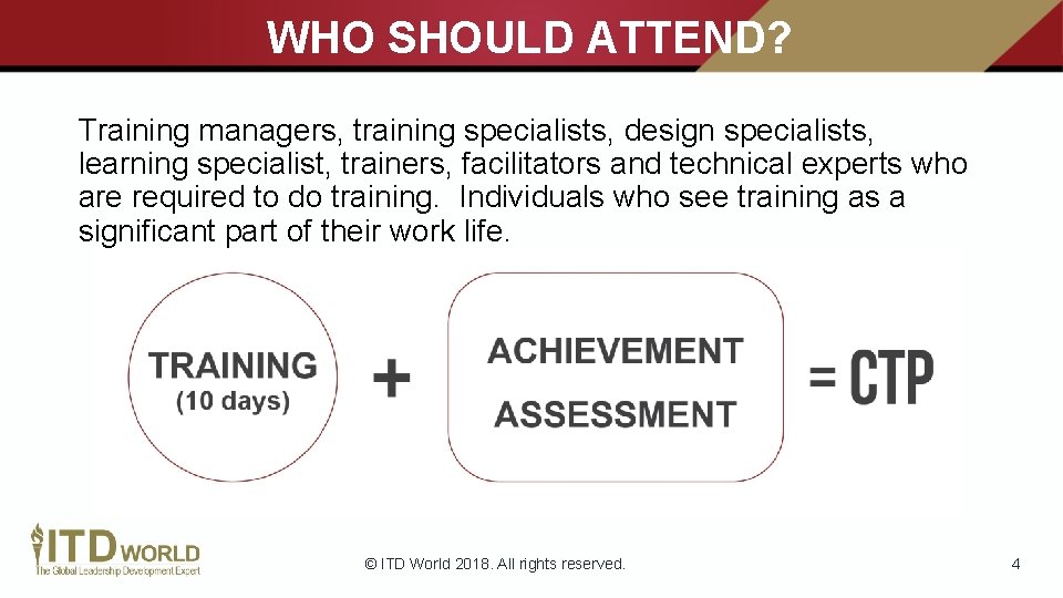 WHO SHOULD ATTEND? Training managers, training specialists, design specialists, learning specialist, trainers, facilitators and