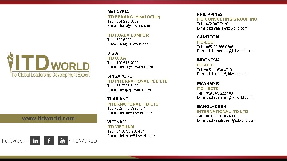 MALAYSIA ITD PENANG (Head Office) Tel: +604 228 3869 E-mail: itdpg@itdworld. com ITD KUALA