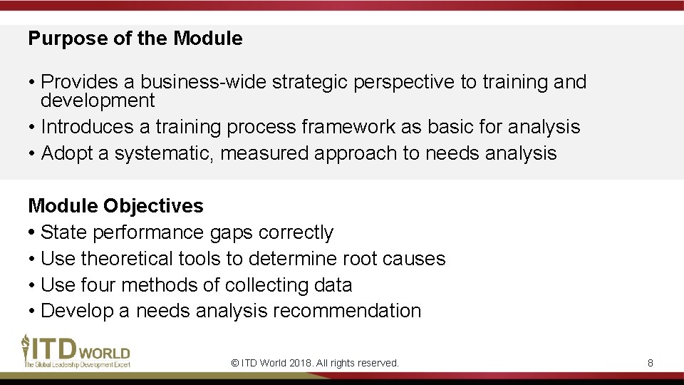 Purpose of the Module • Provides a business-wide strategic perspective to training and development