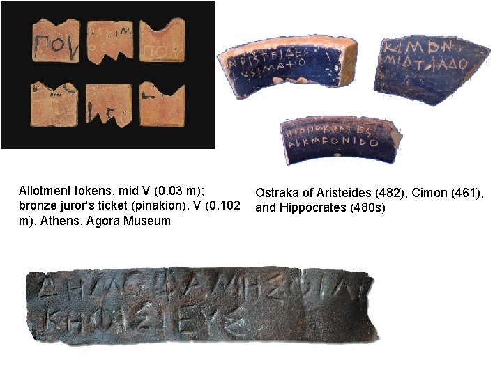 Allotment tokens, mid V (0. 03 m); bronze juror's ticket (pinakion), V (0. 102