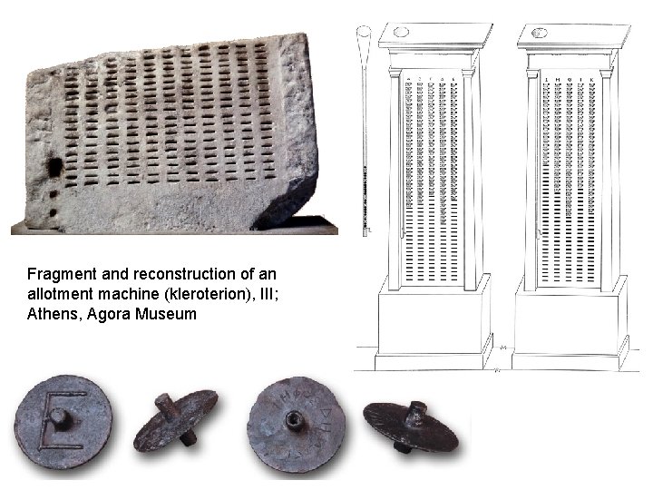 Fragment and reconstruction of an allotment machine (kleroterion), III; Athens, Agora Museum 