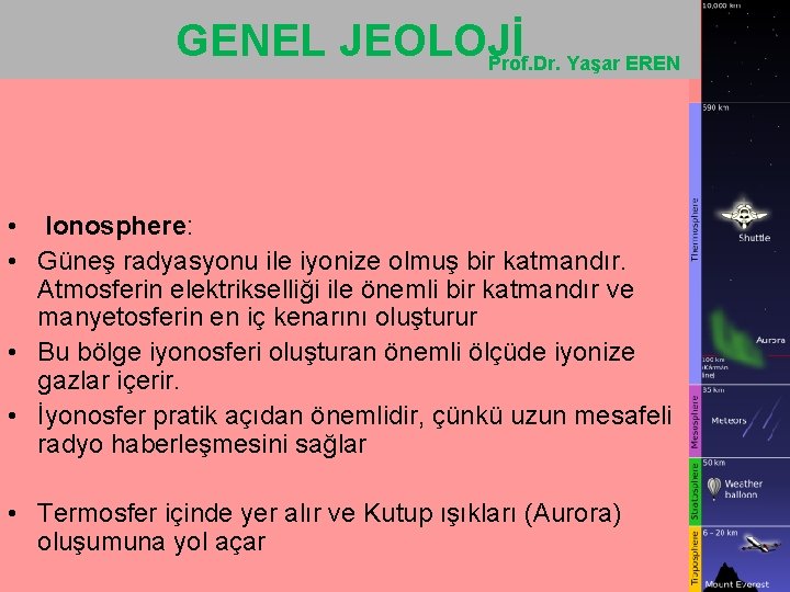 GENEL JEOLOJİ Prof. Dr. Yaşar EREN • Ionosphere: • Güneş radyasyonu ile iyonize olmuş