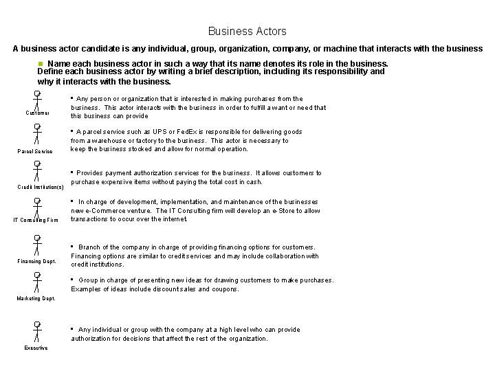 Business Actors A business actor candidate is any individual, group, organization, company, or machine